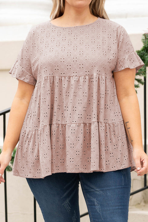 Plus Size Eyelet Pattern Ruffle Sleeve Babydoll Top
